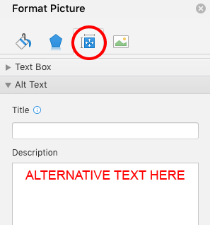 Screenshot emphasizing inserting alt text in the 'Description' field of the 'Format Picture' dialog.
